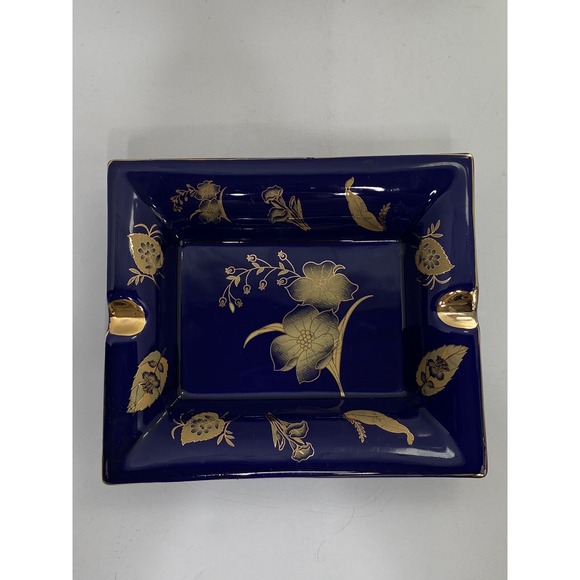 Other - Cobalt Blue and Gold Floral Cigar Ashtray Rectangle Decorative 7.3/4 X 6.5
